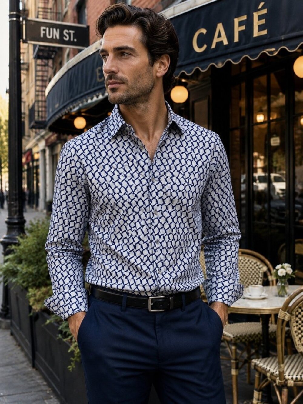 Rare Armani Collezioni Mens M Geo Print Silk Long Sleeve Button Shirt GUC